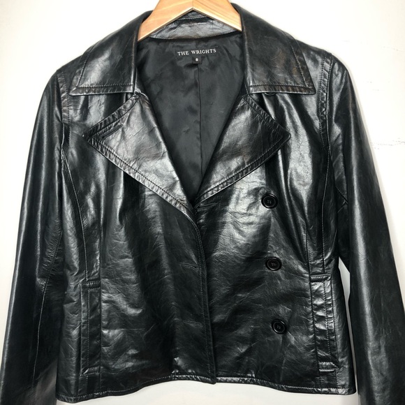 The Wrights Black Leather Double Breasted Jacket Moto Size 8 - Picture 6 of 13